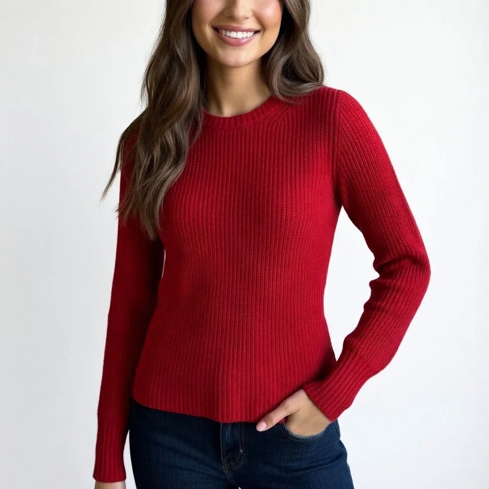 Tory Burch Red Ribbed Knit Long Sleeve Crew Neck Sweater Women's size XS/TP